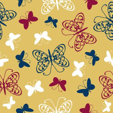 Sarı arka planda yumuşak kelebekli kusursuz vektör deseni. Basit bir yaz aşkı duvar kağıdı tasarımı. Dekoratif mutlu parlak moda tekstili.