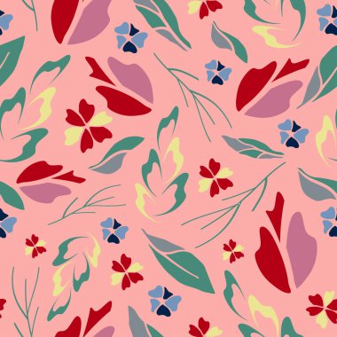Pembe arka planda yaz çiçeği çayırı olan kusursuz vektör deseni. Basit romantik duvar kâğıdı tasarımı. Dekoratif botanik moda tekstili.