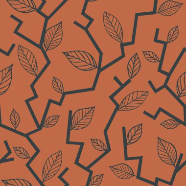 Turuncu arka planda sanatsal ağaç gövdesi olan kusursuz vektör deseni. Basit bir orman dalı duvar kağıdı tasarımı. Dekoratif yeşillik tekstili.