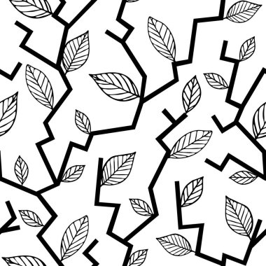 Beyaz arka planda ağaç gövdesi olan kusursuz vektör deseni. Basit sanatsal orman duvar kağıdı tasarımı. Dekoratif siyah beyaz zigzag moda tekstilini terk ediyor.