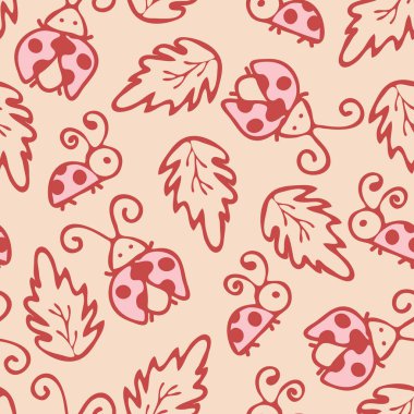 Pembe arka planda sevimli uğur böcekleri olan kusursuz vektör deseni. Basit el çizimi böcek ve yaprak duvar kağıdı tasarımı. Dekoratif mutlu bebek moda tekstili.