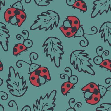 Yeşil arka planda sevimli uğur böcekleri olan kusursuz vektör deseni. Basit bir el çizimi, yaz bahçesi duvar kağıdı tasarımı. Süslü uğur kuşu moda tekstili.