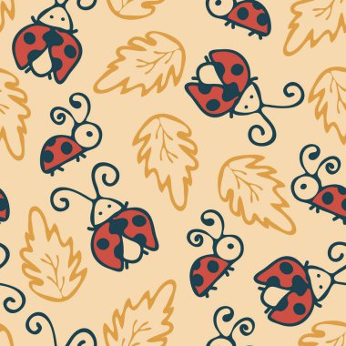 Sarı arka planda sevimli uğur böcekleri olan kusursuz vektör deseni. Basit bir el çizimi böcek duvar kağıdı tasarımı. Dekoratif çocuklar yazın moda tekstili.