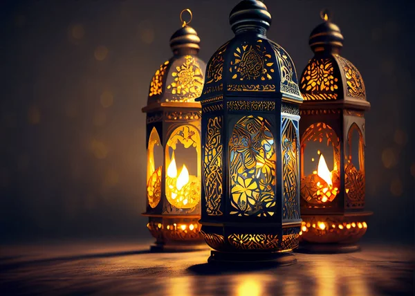 Ornamental Arabic lantern with burning candle glowing at night and glittering golden bokeh lights. Festive greeting card, invitation for Muslim holy month Ramadan Kareem. Dark background.