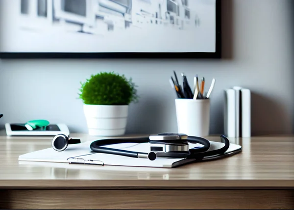 Medicine doctor\'s working table. Focus on stethoscope.