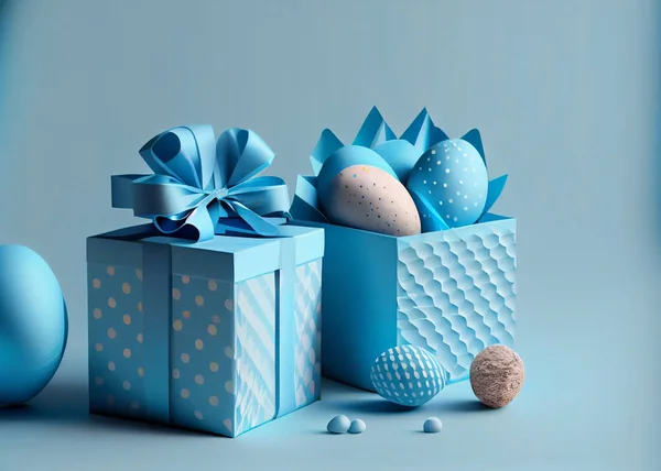 Elegant easter eggs with gold design in gift box on blue background, square.