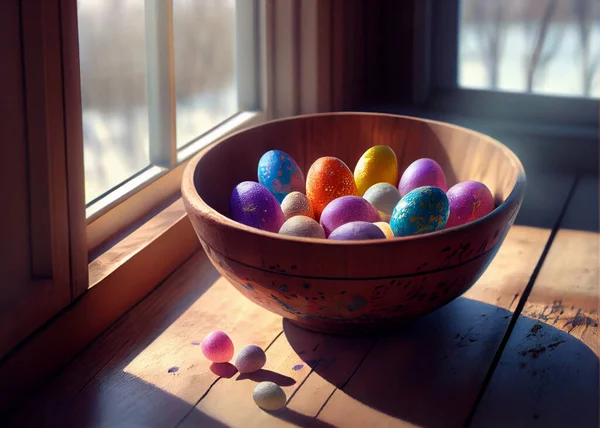 easter eggs in bowl over window with sunrise