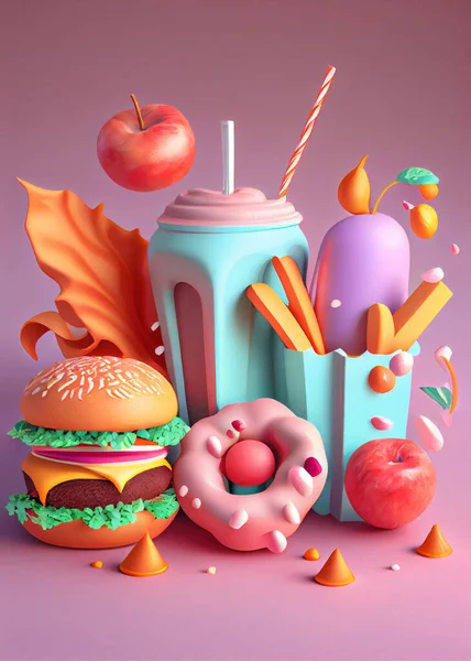 Fast food concept cartoon style on pink background.