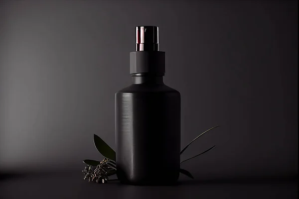 Elegant small dispenser bottle for cosmetics black on dark black background, mock up