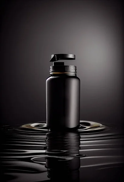 Elegant small dispenser bottle for cosmetics black on dark black background, mock up