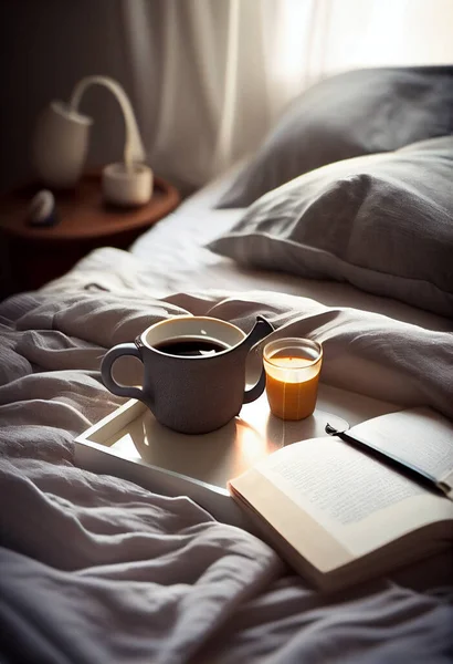 tray with cup of hot tea in the bed, lazy morning, warm winter mood