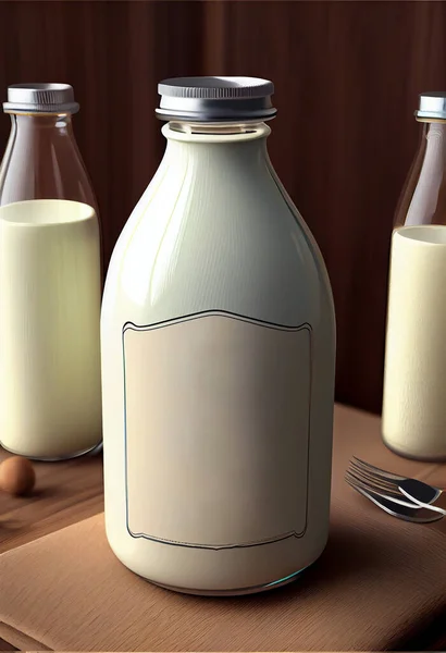 Fresh milk in a glass bottle and empty on dark background
