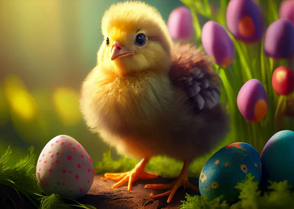 Easter chicken. Little orange chick walking among flowers and Easter eggs. Spring holiday season