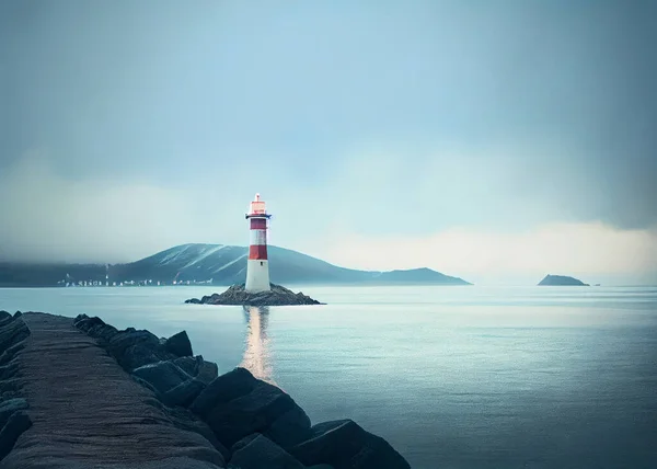 Lighthouse on a stone road in the middle of calm sea with views of mountains and fog.