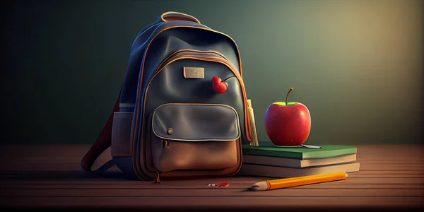 Backpack on table empty copy space. School supplies. Education objects.