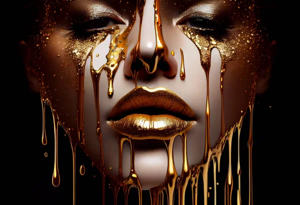 Gold Paint smudges drips from the face lips and hand, lipgloss dripping from lips, golden liquid drops on beautiful model girl\'s mouth,