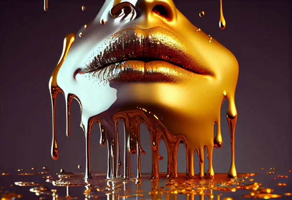 Gold Paint smudges drips from the face lips and hand, lipgloss dripping from lips, golden liquid drops on beautiful model girl's mouth,