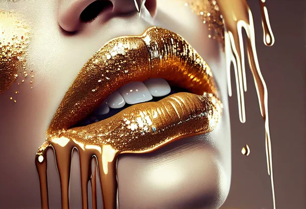 Gold Paint smudges drips from the face lips and hand, lipgloss dripping from lips, golden liquid drops on beautiful model girl's mouth,