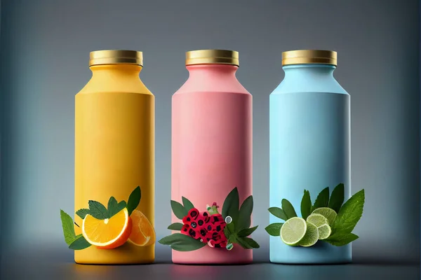 Bottles of healthy fruit juice smoothie on color background
