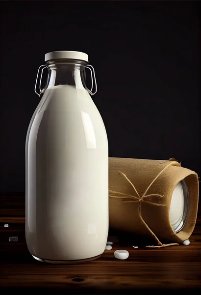Fresh milk in a glass bottle and empty isolated on dark background