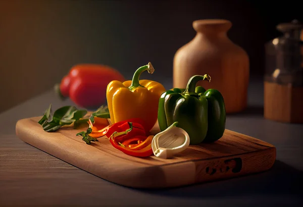 Red, yellow, green bell pepper on cutting board