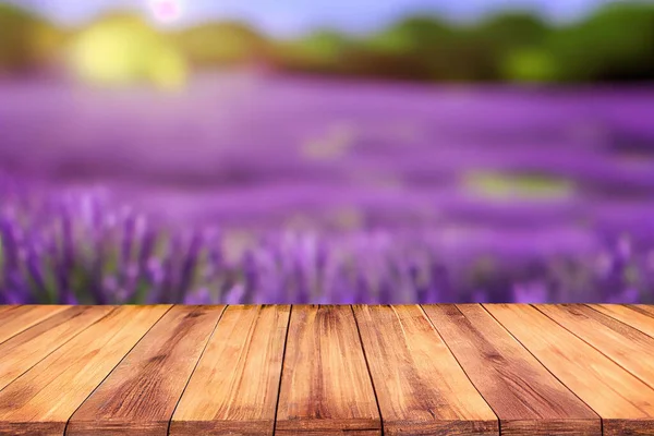 lavender fields farm montage photo with wooden table top Summer flower concept