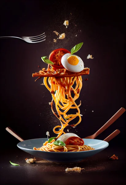 Flying Spaghetti with chicken and vegetables in a pan on black background,