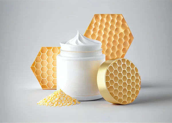 Moisturizing skin care cream with honey extracts and honeycombs on white table.
