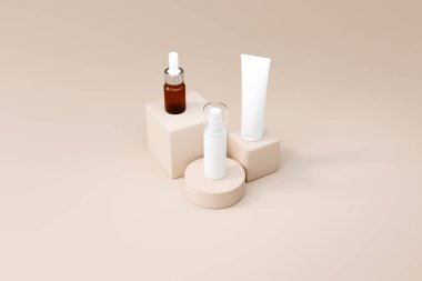 Podyum bej arka planda boş bir kozmetik şişe modeli, 3D görüntüleme