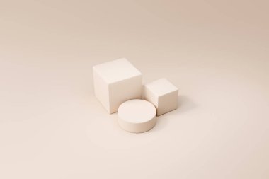 Bej arka plan ve ağaç yapraklarının gölgelerinden oluşan en az üç podyum. Kozmetik ürün için kaldırım taşı, 3D oluşturma
