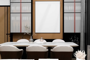 Yemek odasının dekoratif ve botanik bölümünün tasarım sanatı ahşap masa, sandalyeler, mobilyalar, bir miktar bitki, 3D çizim