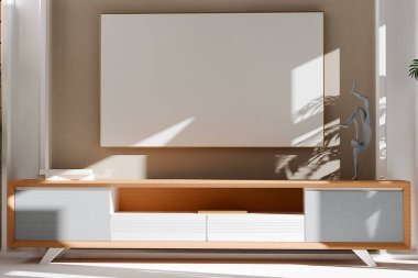 Oturma odasındaki duvarda asılı boş, modern düz ekran televizyon.