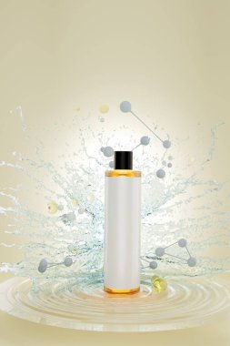 Bej arka planda su sıçratan kozmetik ürünleri. Deri temizleyici toner ya da beyaz şişelerde losyon ve su yüzeyine düşen tüp. Boş ambalaj pankartı. Şişe maketi.