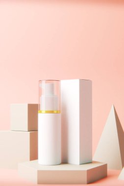 Pompa şişesi. Kozmetik losyon dağıtıcı beyaz plastik model. Nemlendirici ürün kabı, gerçekçi şablon. Pompa şişesi, deterjan ya da yüz kremi. duş jeli tüpü, serum