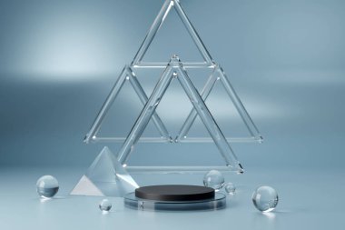 Ürün sunumu için mavi zemin üzerinde cam küreler olan beyaz podyum. Asgari konsept ve sert güneş ışığı.