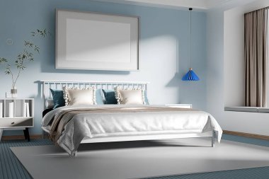 Mavi yatak odasının içinde yatak ve çerçeve modeli var. 3d oluşturma