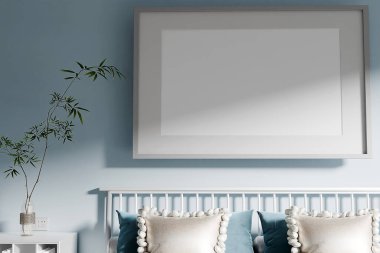 Mavi yatak odasının içinde yatak ve çerçeve modeli var. 3d oluşturma
