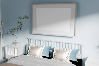 Mavi yatak odasının içinde yatak ve çerçeve modeli var. 3d oluşturma