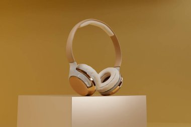 Bej arka planda 3 boyutlu kablosuz kulaklık. 3d hazırlayıcı