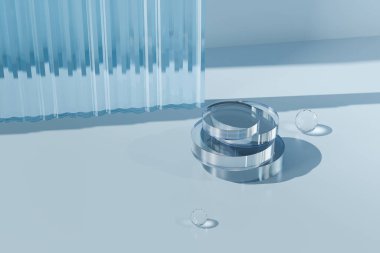 Kompleks yansımalı cam podyum ve arka planda sert gölgeler. 3D, kozmetik ürünlerin tanıtımı anlamına geliyor.