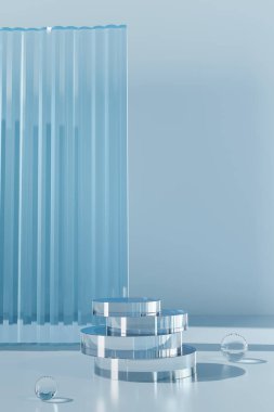 Kompleks yansımalı cam podyum ve arka planda sert gölgeler. 3D, kozmetik ürünlerin tanıtımı anlamına geliyor.