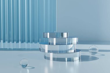 Kompleks yansımalı cam podyum ve arka planda sert gölgeler. 3D, kozmetik ürünlerin tanıtımı anlamına geliyor.