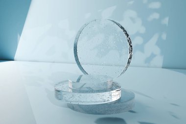 Kompleks yansımalı cam podyum ve arka planda sert gölgeler. 3D, kozmetik ürünlerin tanıtımı anlamına geliyor.