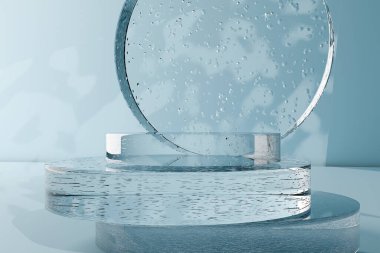 Kompleks yansımalı cam podyum ve arka planda sert gölgeler. 3D, kozmetik ürünlerin tanıtımı anlamına geliyor.