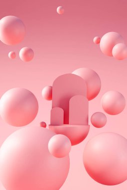 Minimum ürün podyum sahnesi, sunum için geometrik şekilli balonlar. 3B illüstrasyon oluşturma