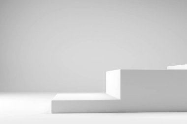 Üç boyutlu soyut adımlarla köşedeki küp şeklini alın ya da kürsüye çıkın. Ürün gösterimi için beyaz minimal duvar sahnesi