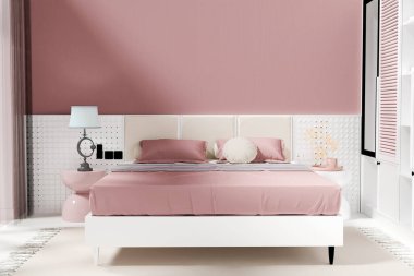 Pembe yatak odasının içinde yatak ve fotokopi alanı var. 3d oluşturma