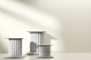 Klasik lüks podyum ürün geçmişi. 3D podyum klasik tarz ve markalaşma sunumu için doğa ışığı arka planı. 3d resimleme