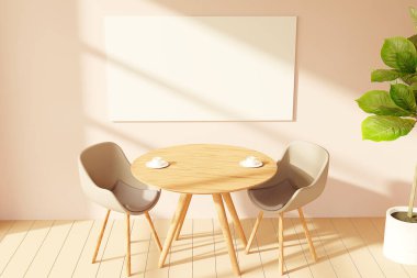 Sandalyeler ve çerçeveli masa. Kafe konsepti. 3d hazırlayıcı