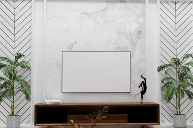 Oturma odasındaki duvarda asılı boş, modern düz ekran televizyon.